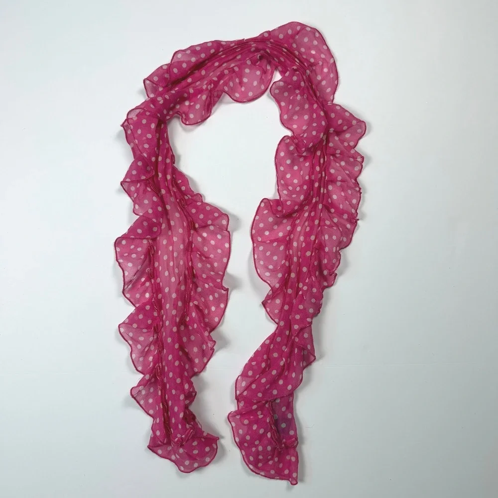 Lauren Ralph Lauren Cottagecore Preppy Womens Ruffle Scarf Pink Silk Polka Dot